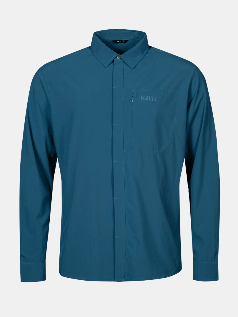 Halti Samoy Longsleeve Trekking Shirt Men's in teal, quick-dry stretch fabric, with chest pocket and collar.