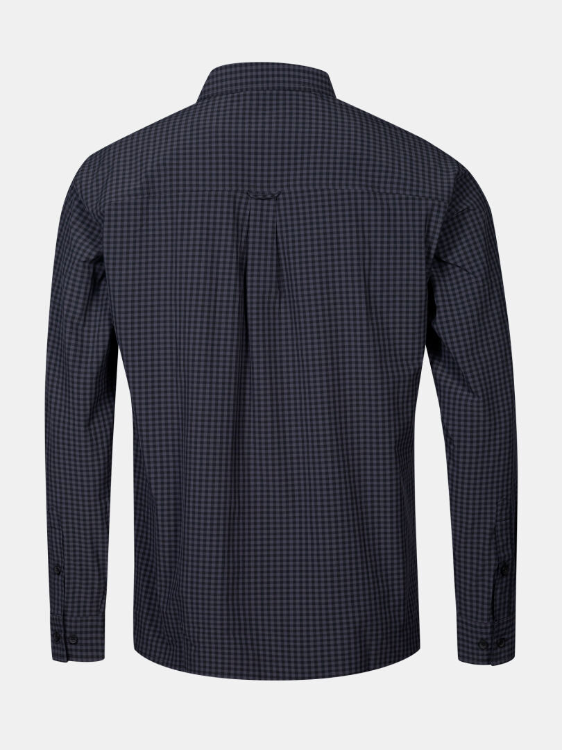 The Halti Samoy Longsleeve Trekking Shirt Men's features a dark blue and black checkered back view.