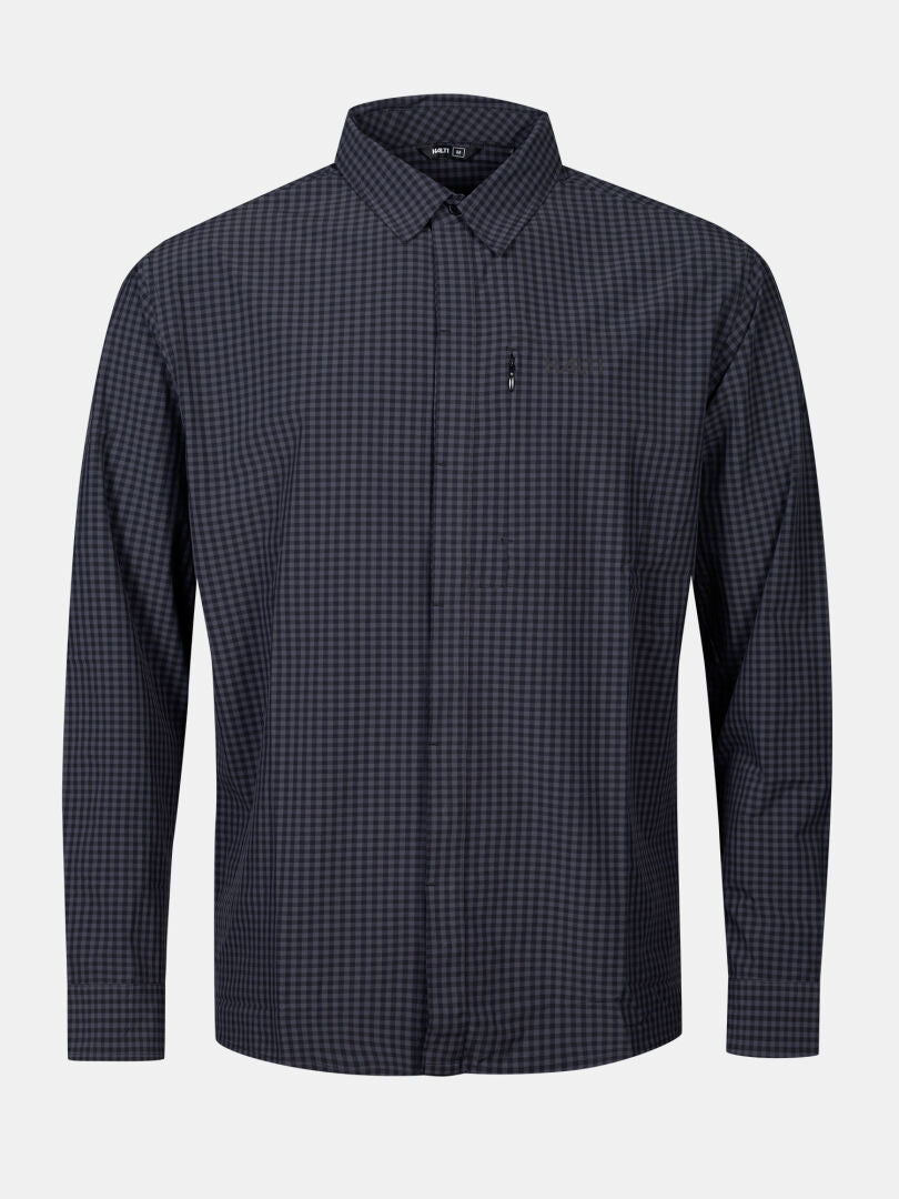 The Halti Samoy Longsleeve Trekking Shirt Men's features quick-dry stretch fabric in a black and blue check pattern.