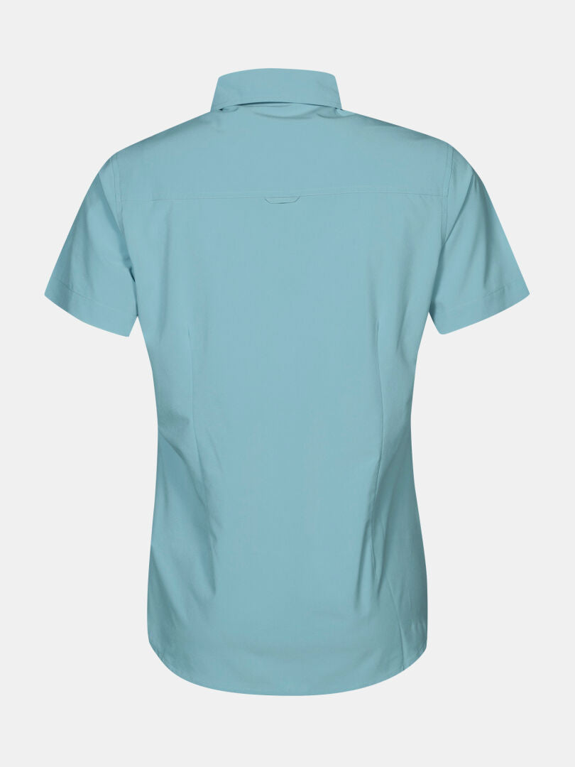 The Halti Samoy Trekking Shirt Women's in light blue, UPF 90+, short sleeves, shown from the back on white.