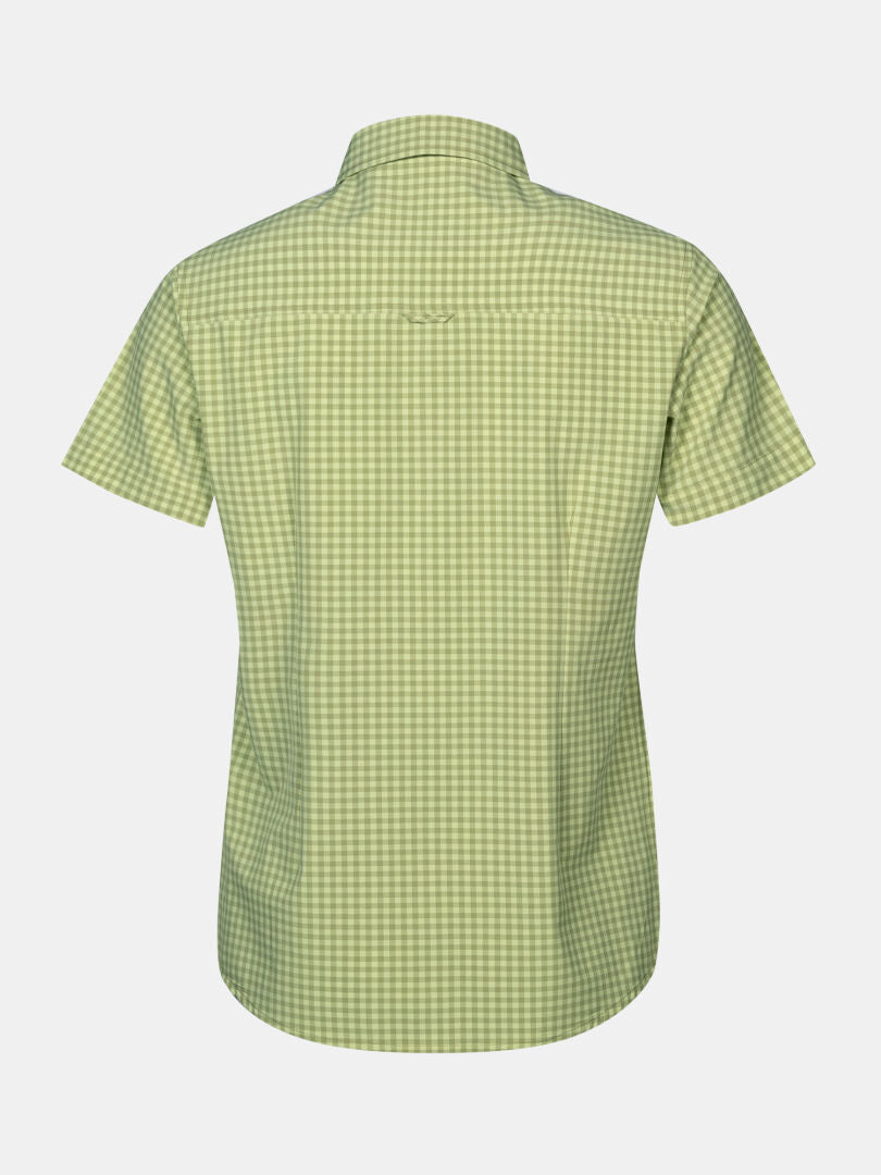 Back view of Halti Samoy Trekking Shirt Women's in green checkered, UPF 90+, quick-dry, on a white background.