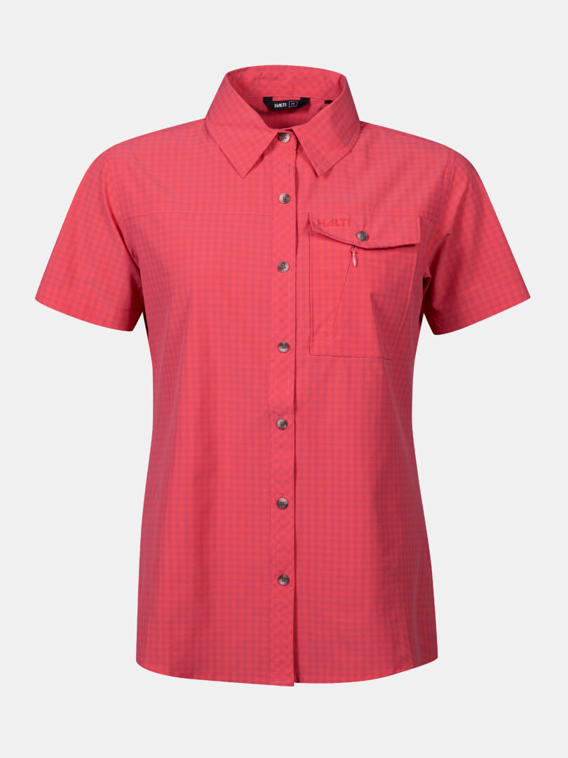 Halti Samoy Trekking Shirt Women's: red, short-sleeve, quick-dry with subtle checks and chest pocket.
