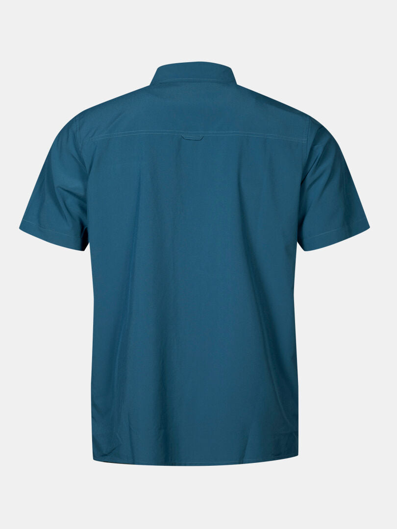 Back view of Halti Samoy Trekking Shirt Men's, teal, short-sleeved with collar and UPF 90+ protection, on white background.
