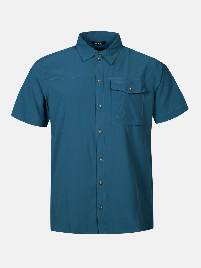 Halti Samoy Trekking Shirt Men's in teal, quick dry, UPF 90+, chest pocket, and collar shown on plain background.