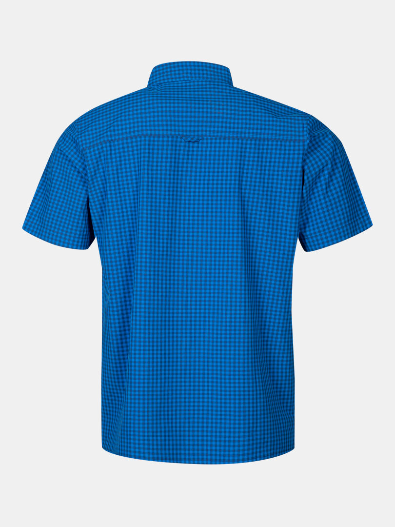 Back view of Halti Samoy Trekking Shirt Men's, blue checkered, quick dry, UPF 90+, with collar on white background.