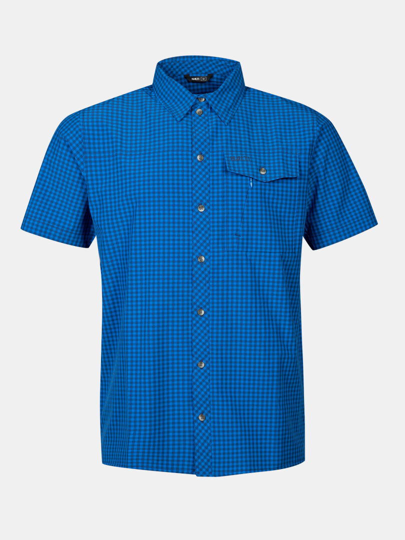 The Halti Samoy Trekking Shirt Men's is a blue checkered, short-sleeve top with a chest pocket, shown on white.