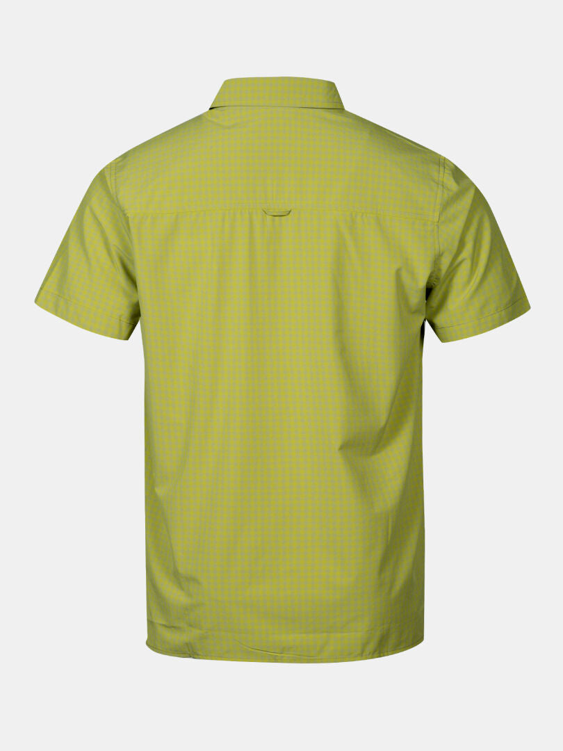 Halti Samoy Trekking Shirt Men's—short-sleeve, light green, quick-dry fabric, back view on gray background.