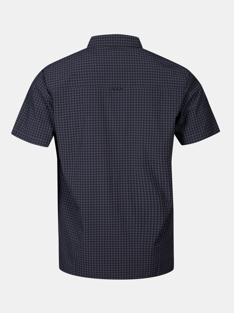 The Halti Samoy Trekking Shirt Men's features short sleeves and a dark blue checkered pattern, shown from the back.