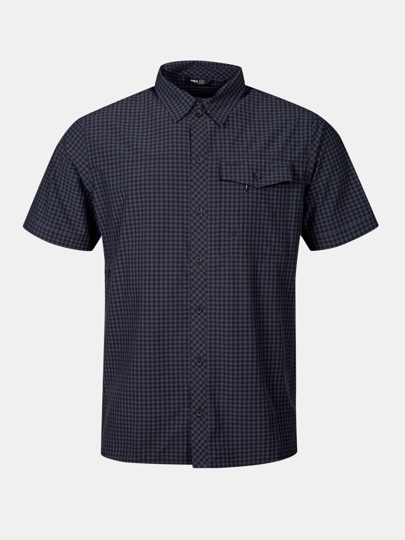 Halti Samoy Trekking Shirt Men's—short-sleeve, quick dry, checkered outdoor shirt with chest pocket on plain background.