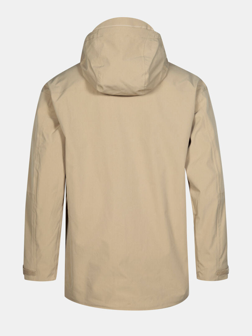 The Halti Valaja DX Parka Jacket Men's, in beige with a hood, is shown from the back on a white background.