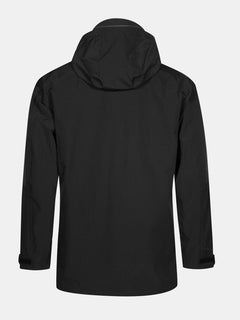 The Halti Valaja DX Parka Jacket Men's, black, shown from the back with long sleeves and adjustable cuffs on white.