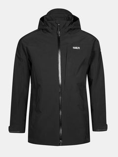 Halti Valaja DX Parka Men's: black jacket with DrymaxX, chest pocket, front zipper, hood, and Halti logo.
