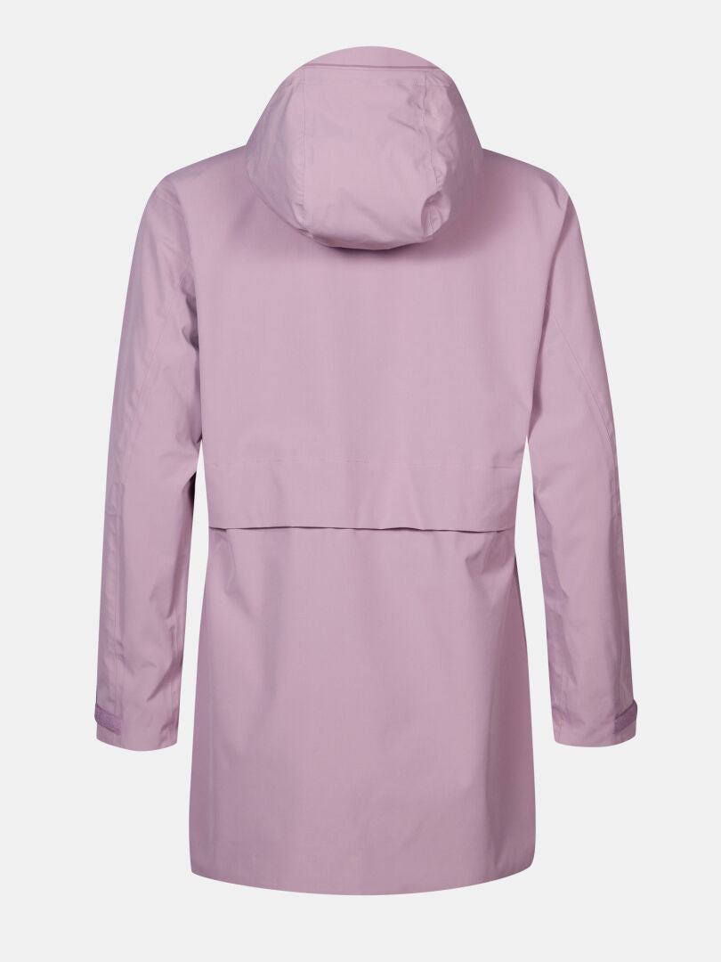 The Halti Valaja DX Parka Jacket Women's, in light purple, features long sleeves and a straight hem, shown from the back.