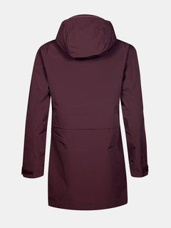 The Halti Valaja DX Parka Jacket Womens Plus, long-sleeve and hooded in maroon, is shown from the back on white.