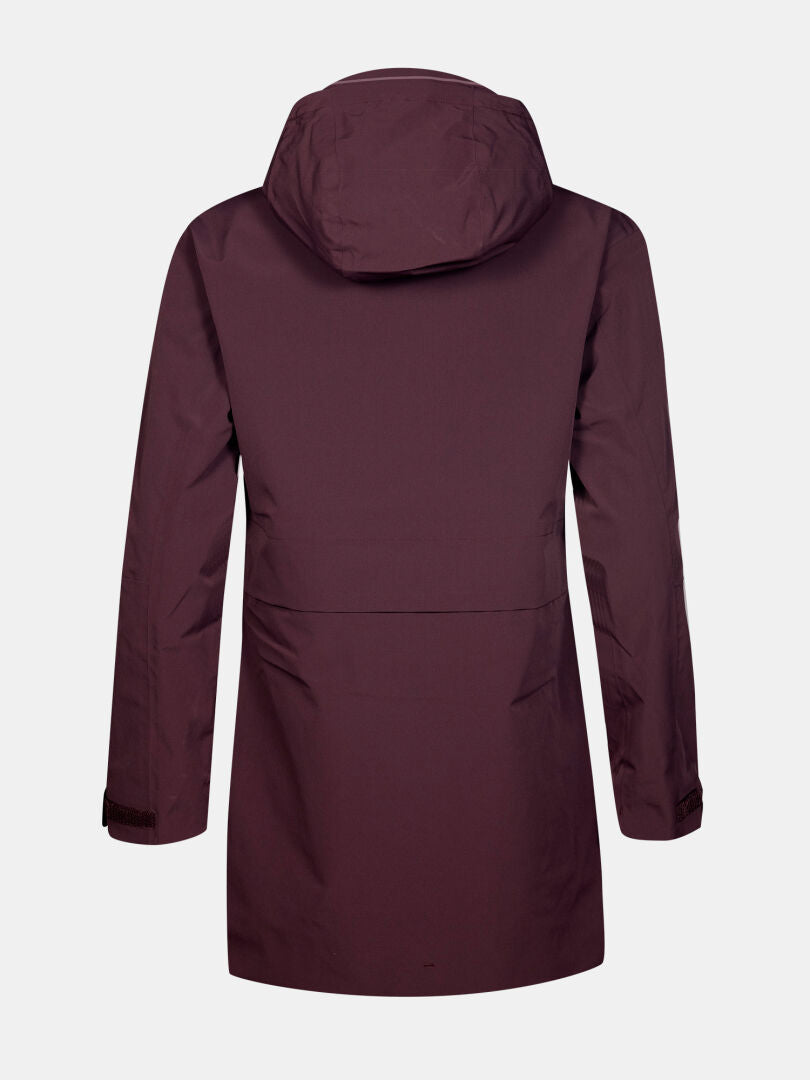 The Halti Valaja DX Parka Jacket Women's Plus is a maroon, hooded raincoat with long sleeves, shown from the back.