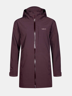 The Halti Valaja DX Parka Jacket Womens Plus is a dark maroon, hooded, waterproof coat with front zipper and logo.