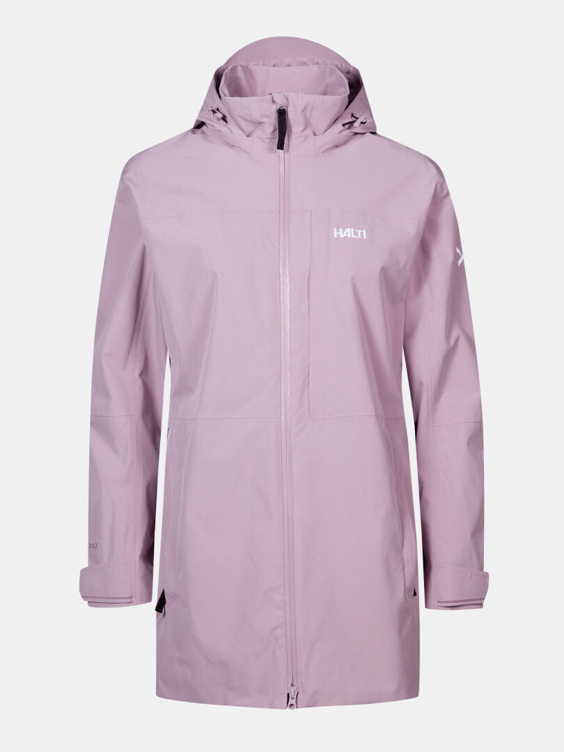 The Halti Valaja DX Women's Plus parka is light purple with DrymaxX, front zipper, and logos on chest and sleeve.