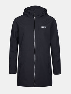 Halti Valaja DX Parka Jacket Womens Plus: black, waterproof, hooded, front zipper, chest pocket, logo on upper left.