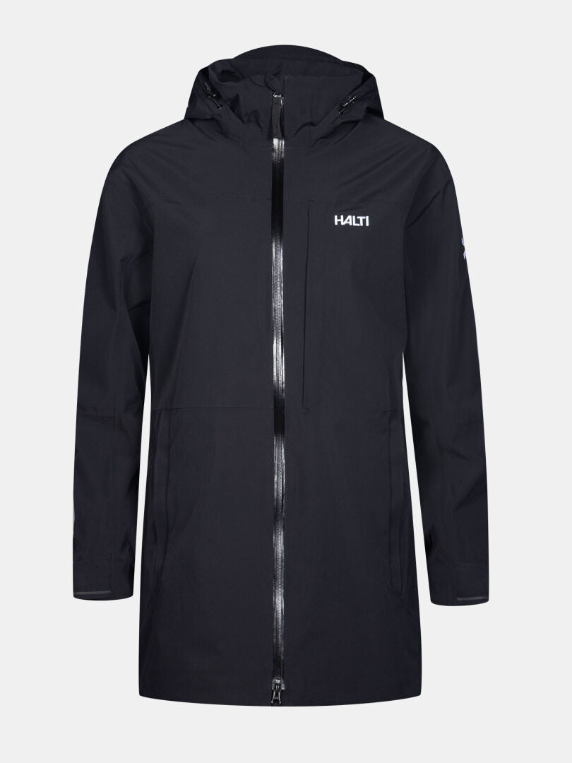 The Halti Valaja DX Parka Jacket Women's Plus, black with a front zipper and hood, is shown against a plain background.