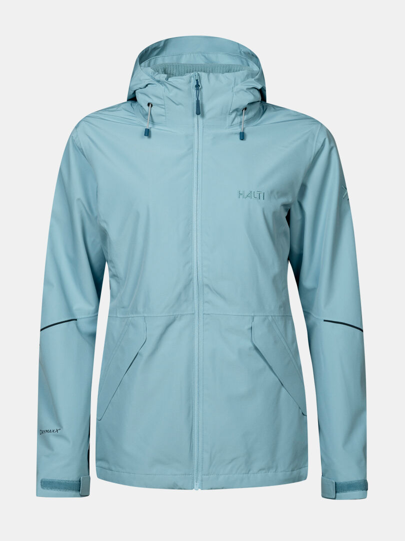 Halti Loito 3-in-1 DX Jacket for women: light blue, hooded, zip front, 2 pockets, subtle chest & sleeve branding.