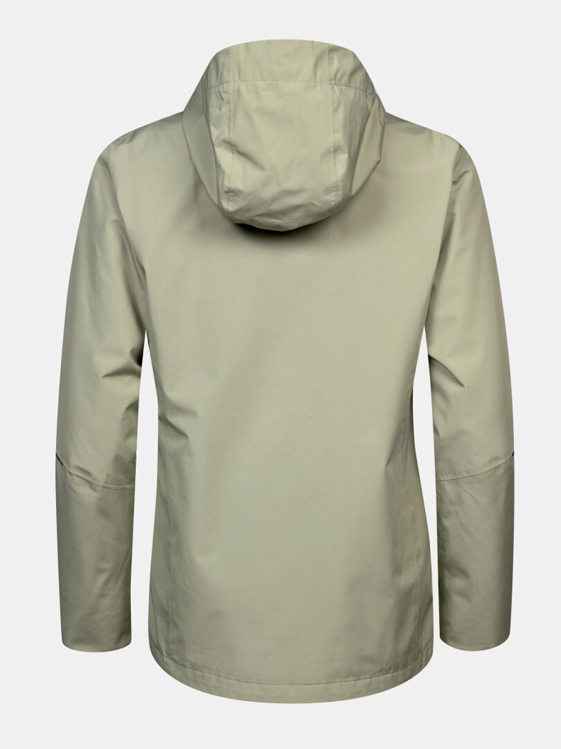 Halti Loito 3-in-1 DX women’s jacket in light beige, hooded, long-sleeved, relaxed fit; back view on white.