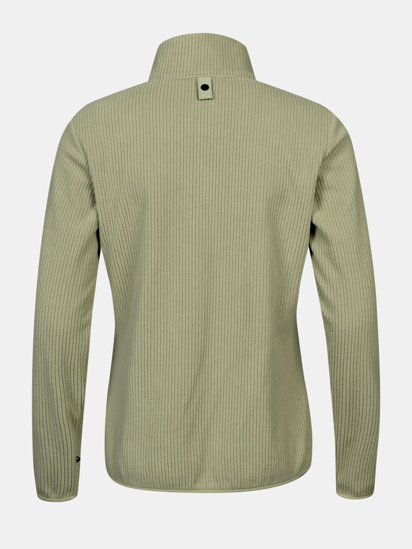 Back view of Halti Loito 3-in-1 DX Jacket Women’s, light olive ribbed sweater layer with short stand-up collar.