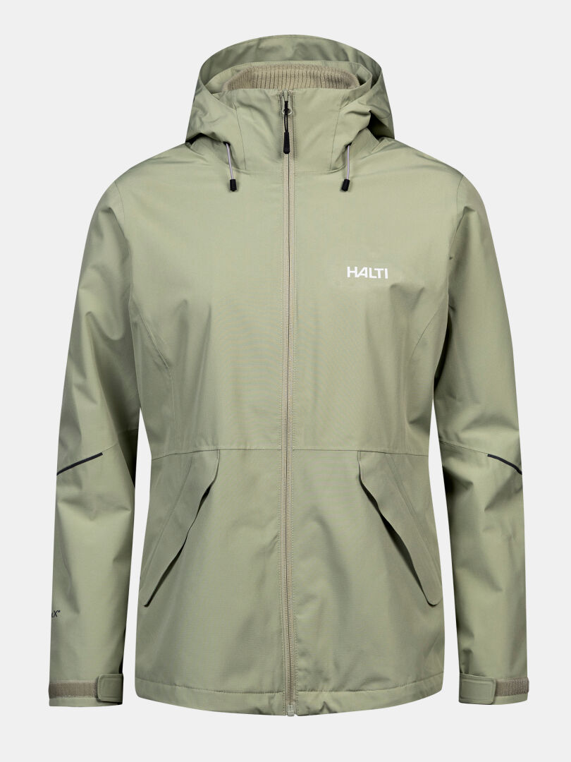 Halti Loito 3-in-1 DX women’s jacket in light green with zip, front pockets, adjustable cuffs, and chest logo.