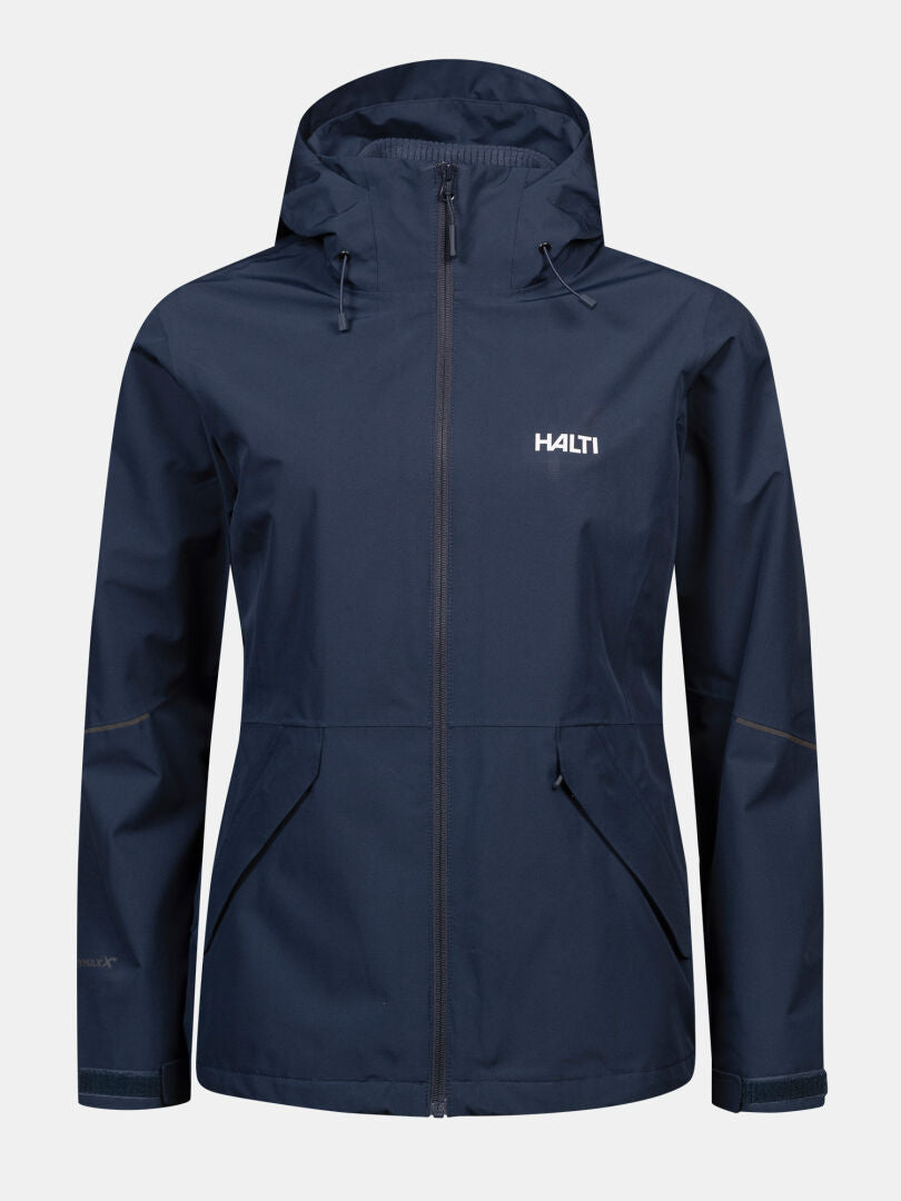 Halti Loito 3-in-1 DX women’s navy jacket with hood, logo, two pockets; all-weather on white background.