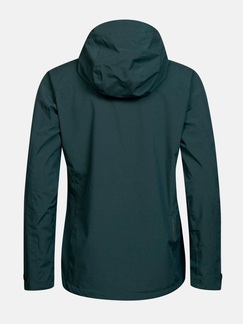 Halti Kaltimo DX Shell Jacket Women’s in dark green, back view, long sleeves, tailored waist, and breathable hood.