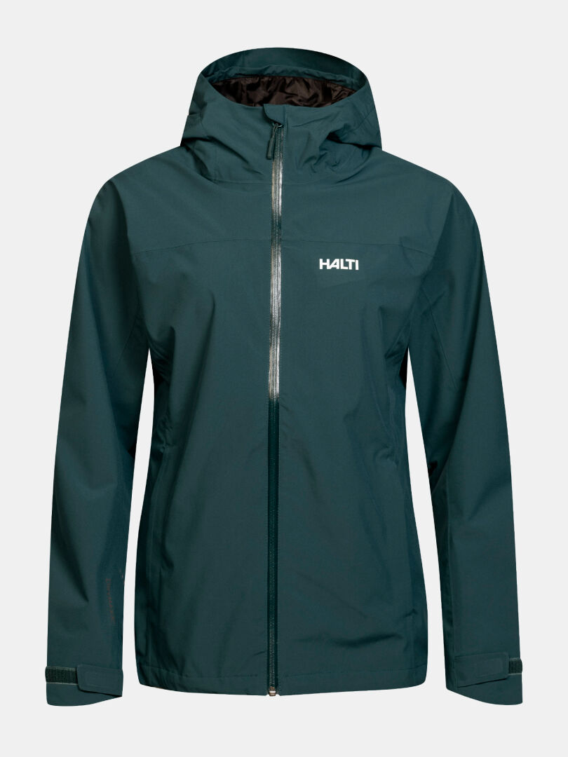 Halti Kaltimo DX Shell Jacket Women’s, dark green, zip-up with hood and logo, shown on a plain background.