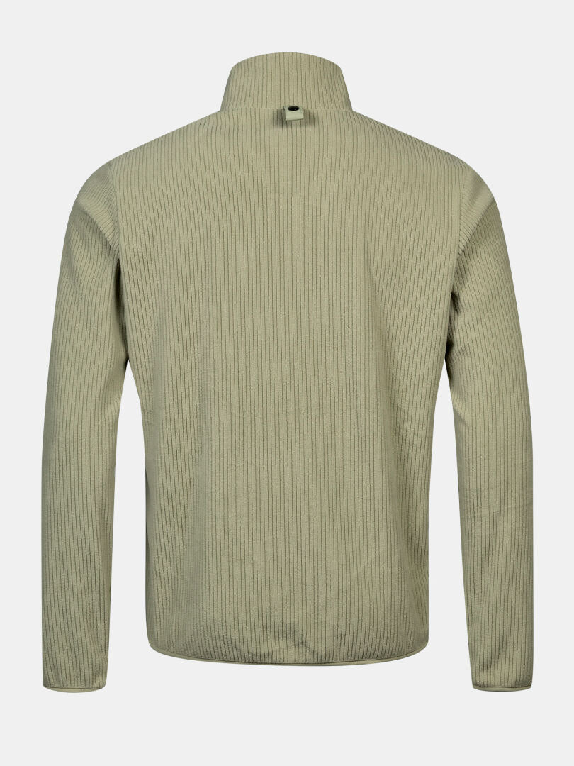 Back view of Halti Loito 3-in-1 DX men’s light olive green ribbed long-sleeve jacket on white background.