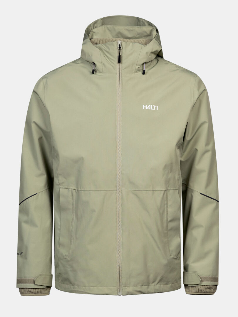 Halti Loito 3-in-1 DX Men’s jacket in light olive with hood, front zip, 2 pockets, and chest logo.