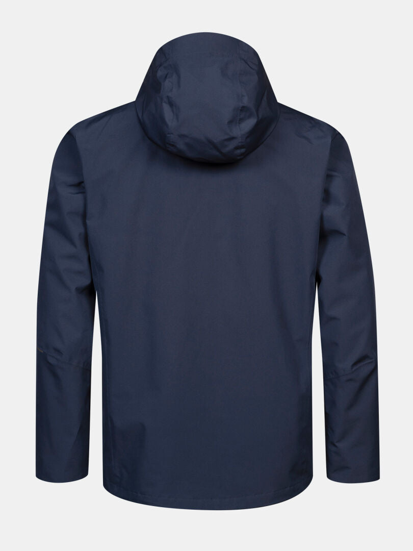The Halti Loito 3-in-1 DX men’s jacket in navy, hooded, shown from the back on a plain light gray background.