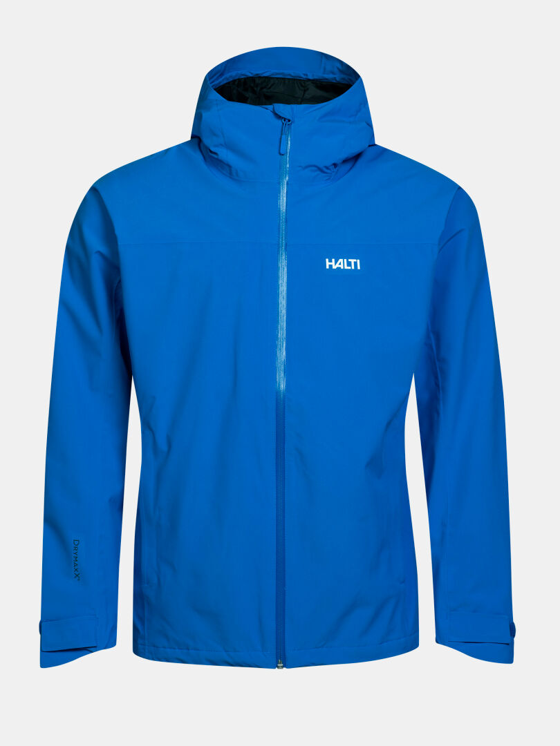 Halti Kaltimo DX Shell men’s blue jacket with hood, front zipper; breathable, waterproof. Plain white background.