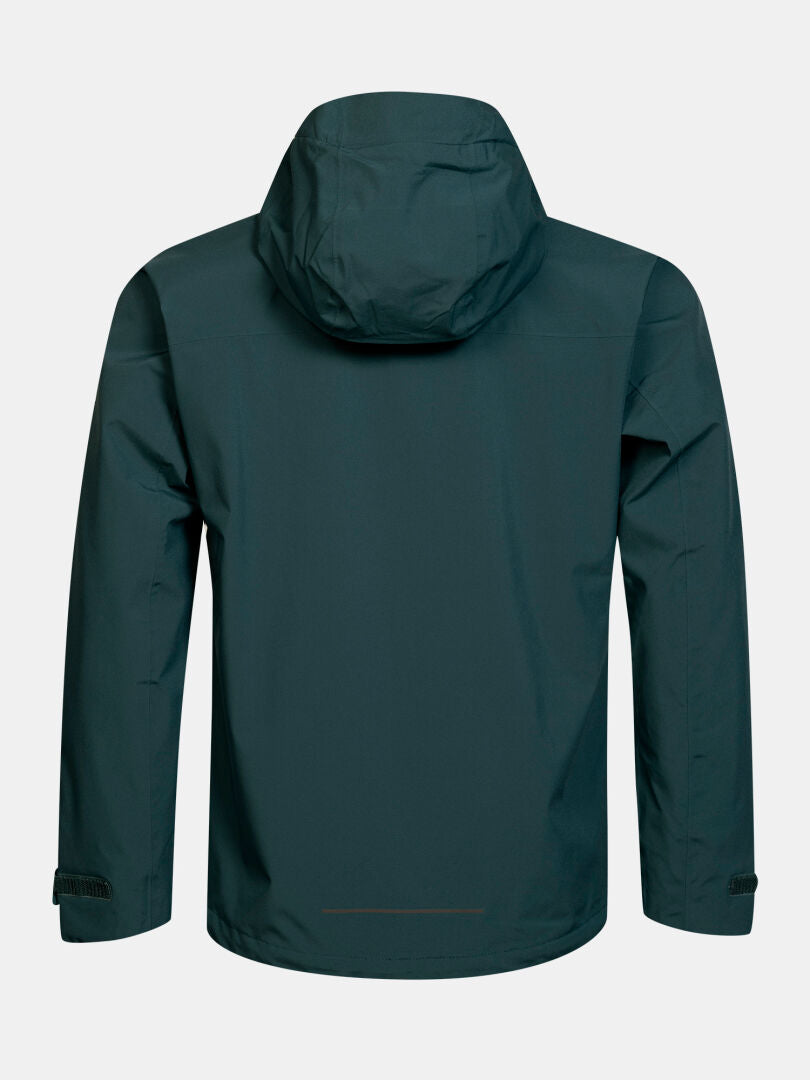Halti Kaltimo DX Shell Jacket Men’s in dark green, hooded with long sleeves, wrist straps; back view shown.