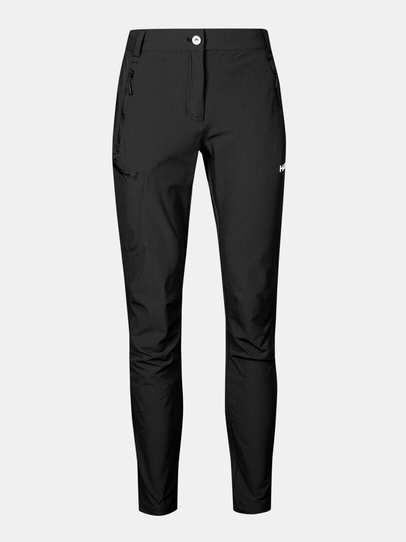 Halti Pallas X-stretch Outdoor Pants Women's: black slim-fit, zip pockets, button closure, small logo on upper left thigh.
