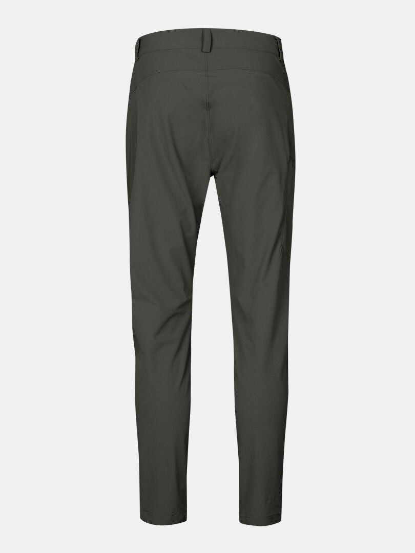 Back view of Halti Pallas X-stretch Men's outdoor pants in dark green, durable, breathable fabric with belt loops.