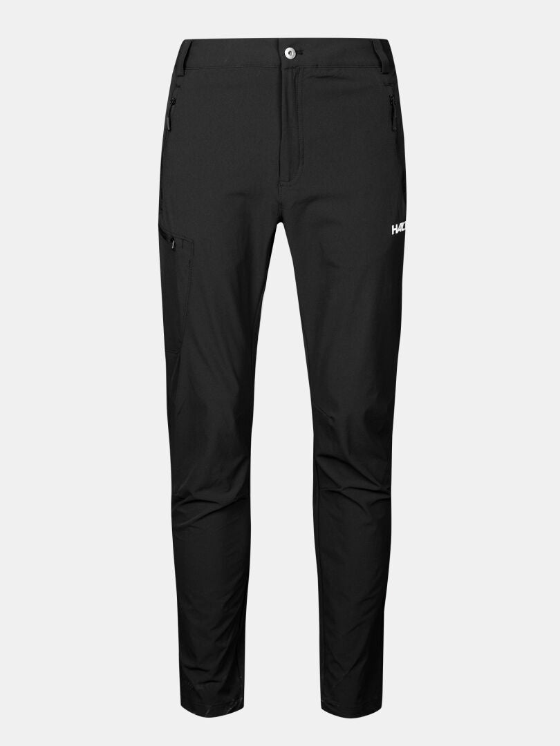 Halti Pallas X-stretch Men's black slim-fit outdoor pants with zip side pockets, quick-dry fabric, and white logo.