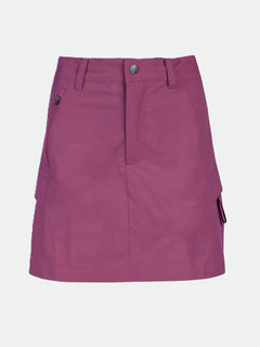 Halti Reissu Stretch Skort Womens in purple, knee-length with belt loops, front button, and side pockets.