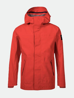 Halti Reissu Mens DX 3L Shell Jacket: red, waterproof, recycled polyester, zip front, side pockets, black sleeve logo.