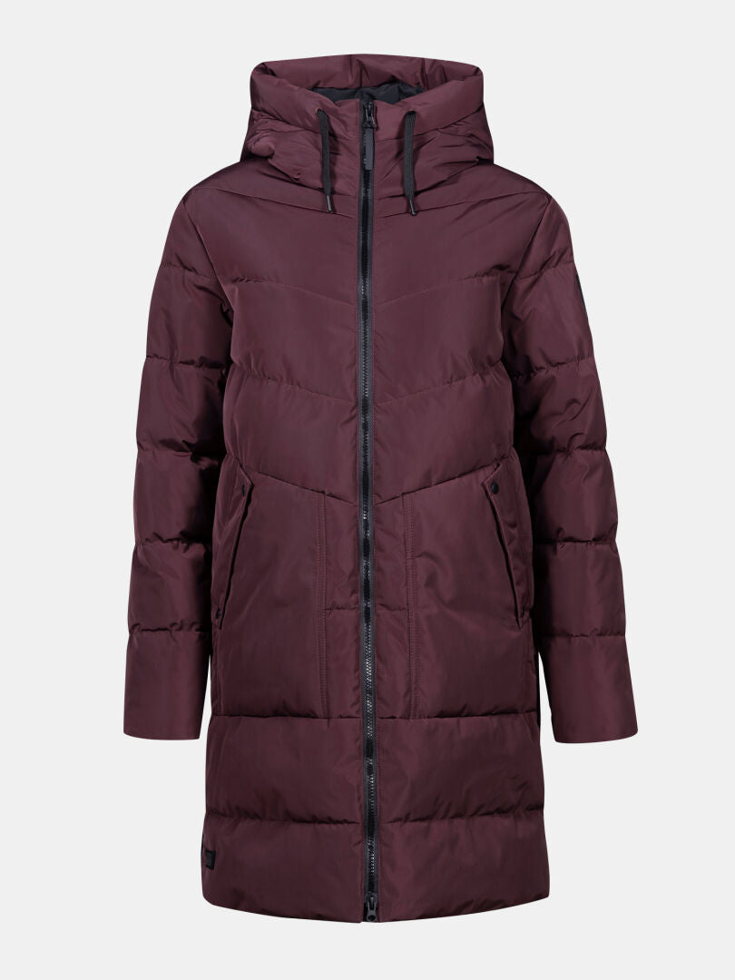 Halti Linjat Parka Jacket Women's: long maroon hooded puffer with zipper, two pockets, windproof DrymaxX fabric.