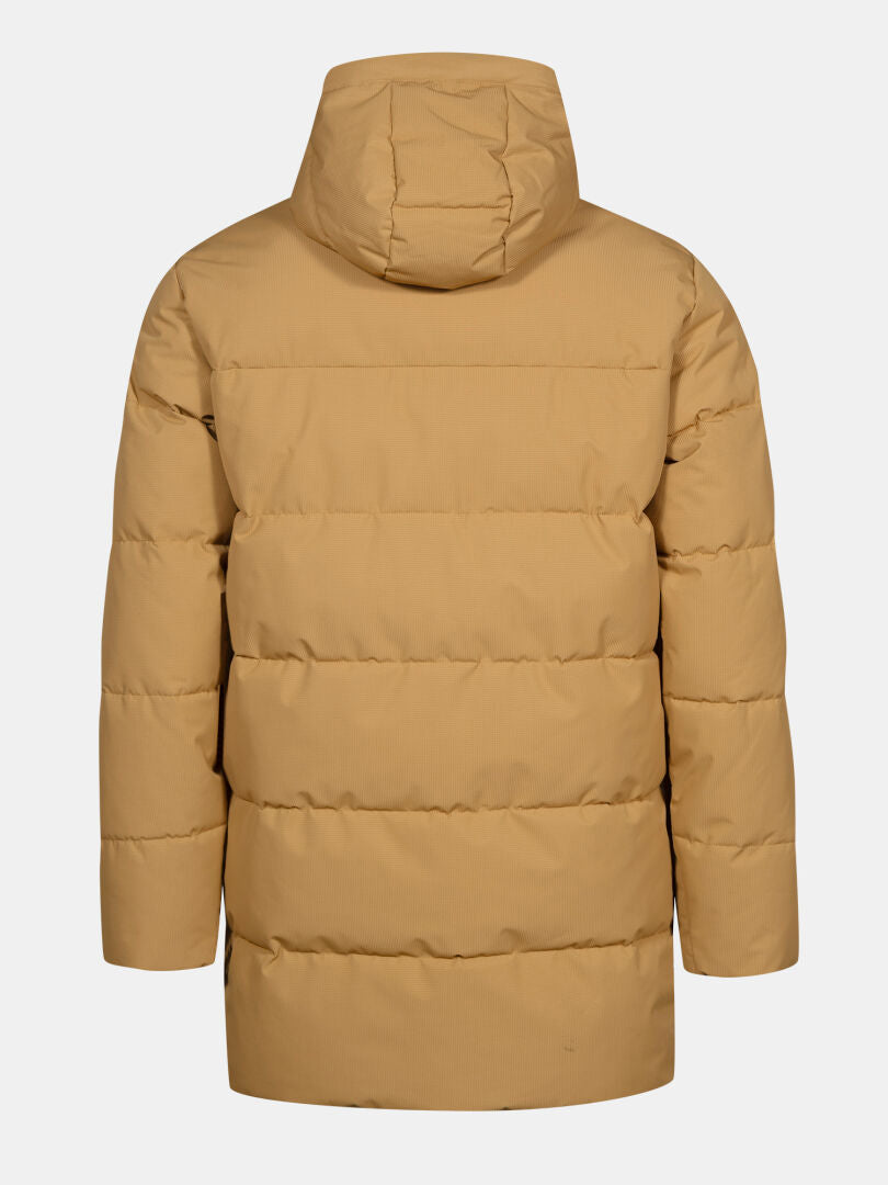Halti Linjat Parka Jacket Men's in tan, shown from the back with horizontal quilting and long sleeves.