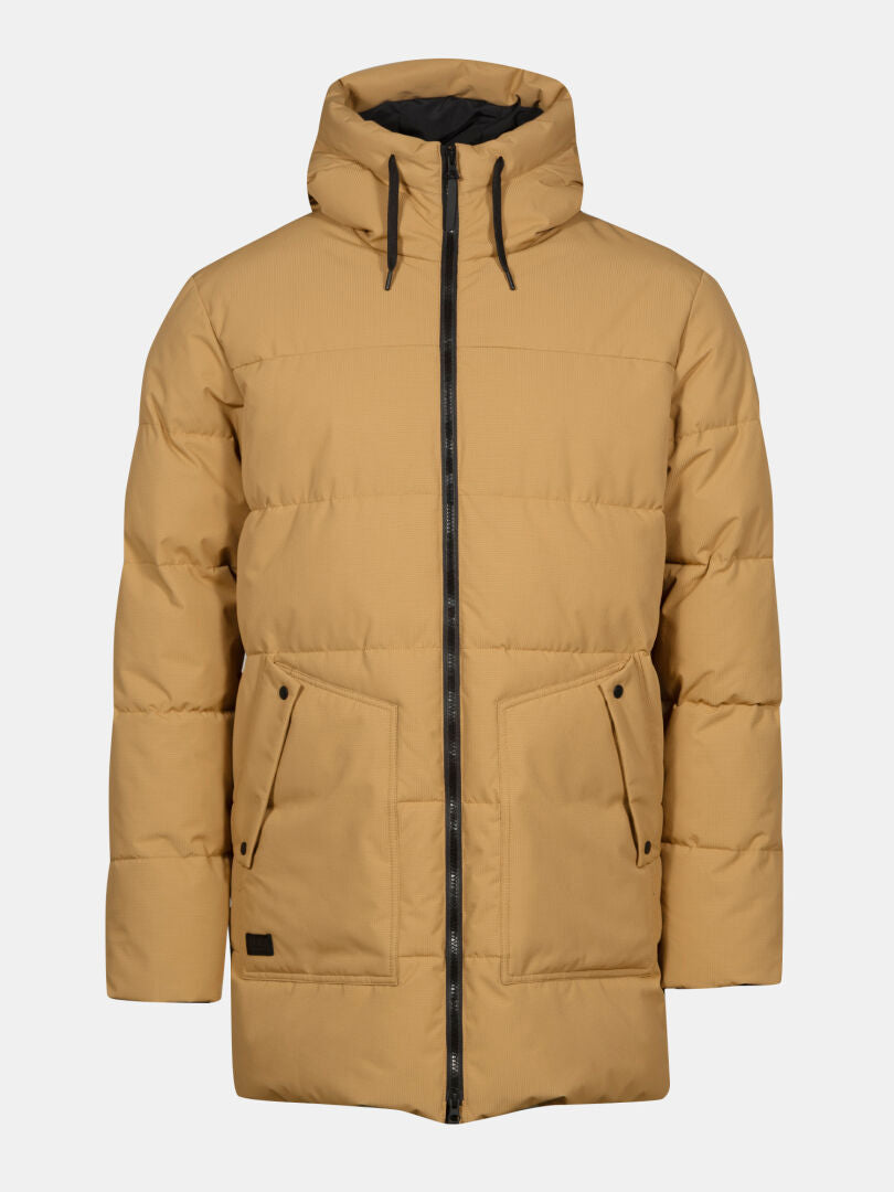 The Halti Linjat Parka Jacket Men's in tan with DrymaxX, hood, black zipper, and two front pockets is shown on a plain background.