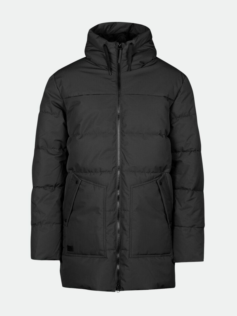 The Halti Linjat Parka Jacket Men's, black and knee-length with a hood, front zip, and two large pockets.