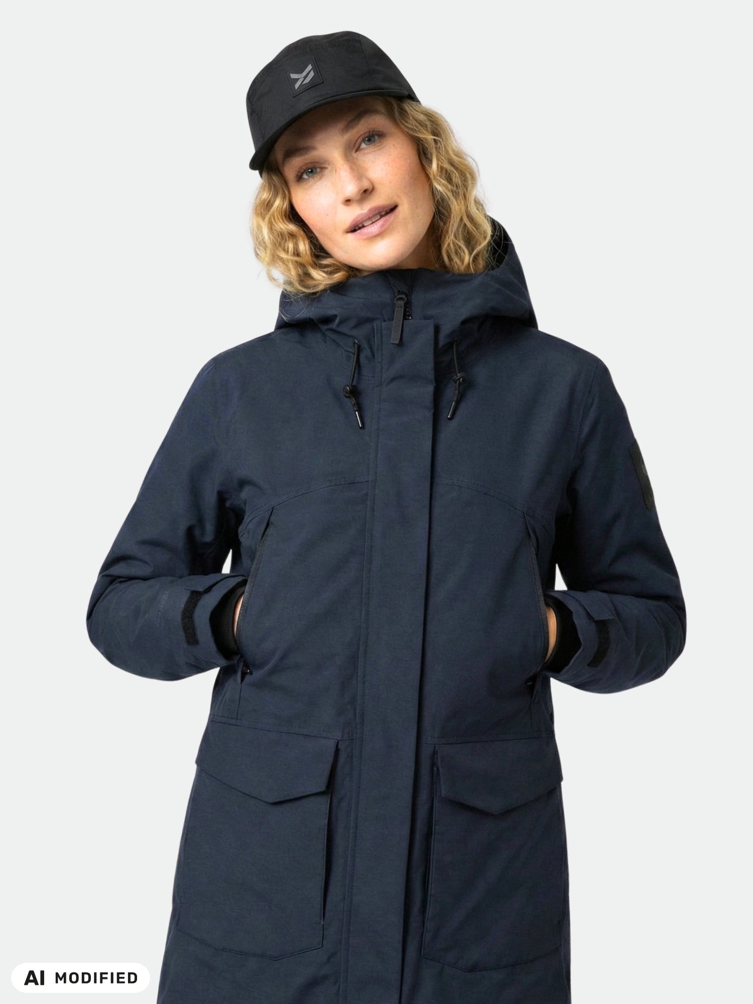 A woman in a Halti Bergga DX Winter Parka stands with hands in pockets against a plain light background.