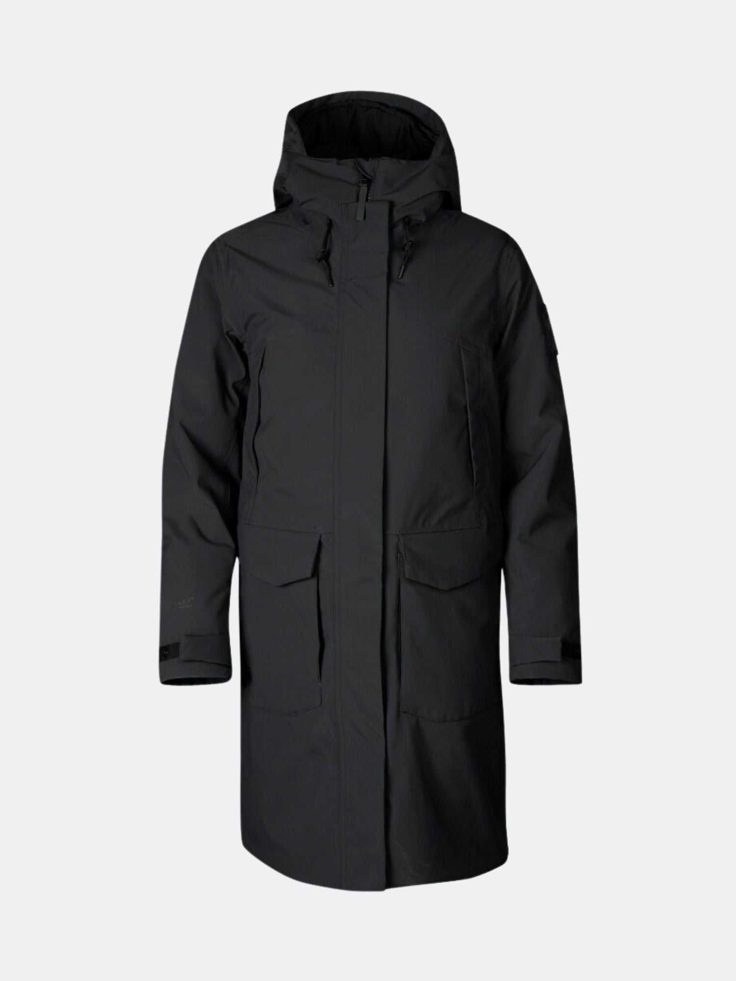 Halti Bergga Women's DrymaxX Winter Parka in black with front flap pockets and adjustable cuffs on a plain background.