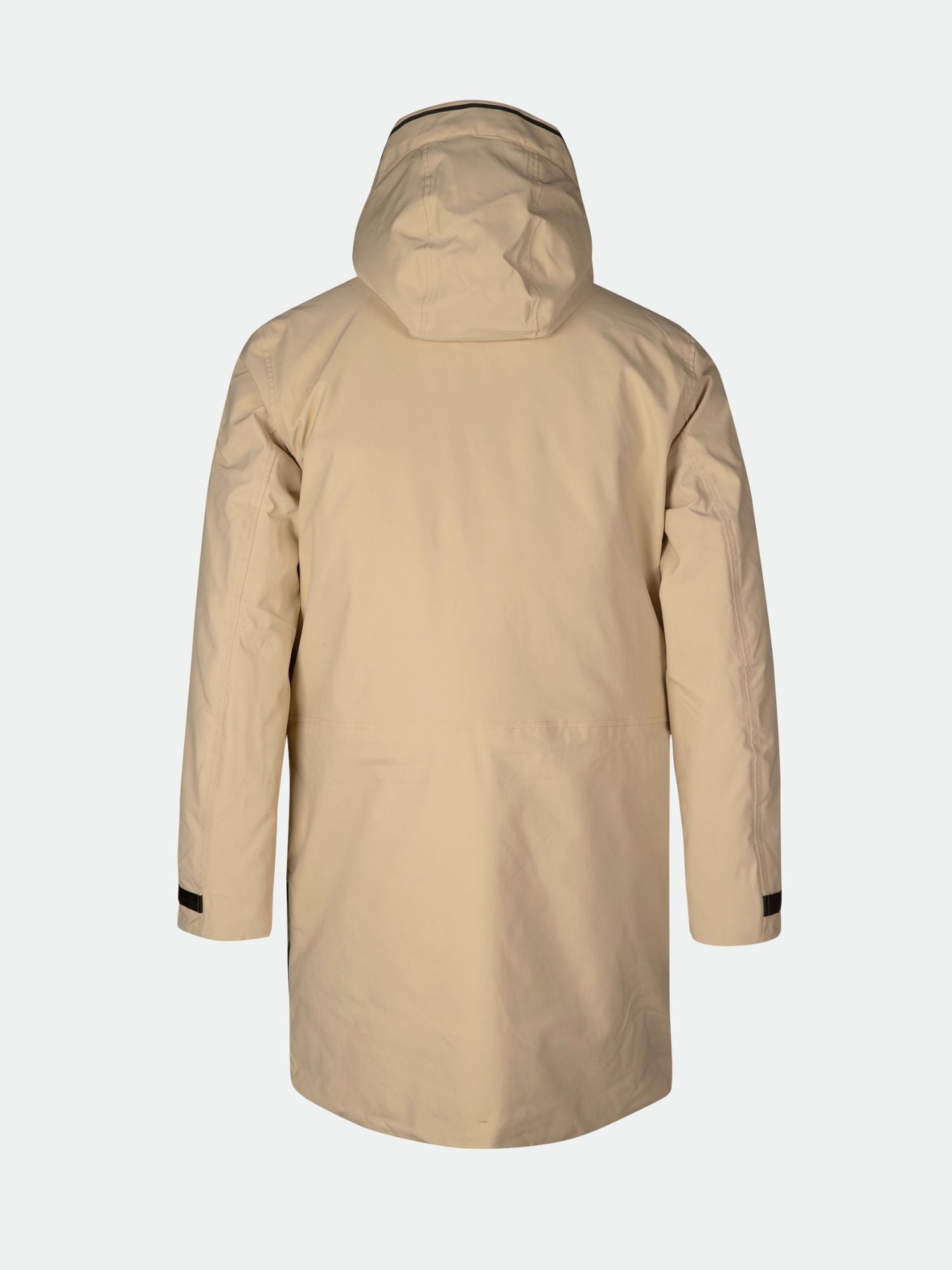 Halti Bergga Men's DrymaxX Winter Jacket in beige, shown from the back—long sleeves with black cuffs.