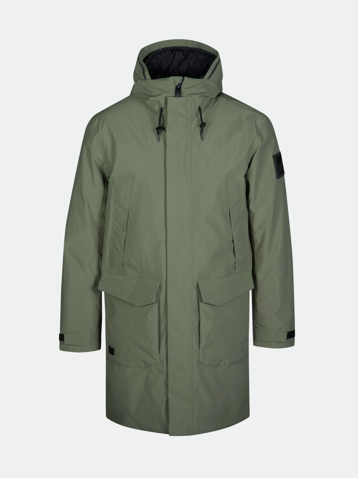 The Bergga Men's DrymaxX Winter Jacket by Halti is a long, olive green parka with large pockets and black drawstrings.