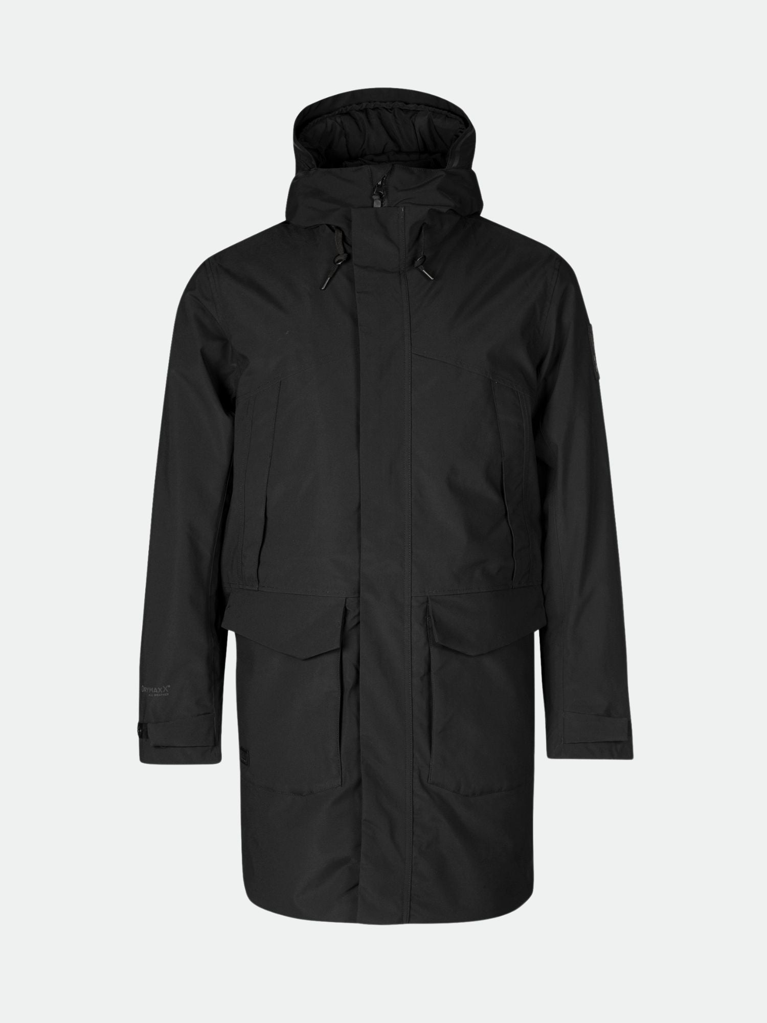 Halti Bergga Men's DrymaxX Winter Jacket: black hooded, front zipper, snap buttons, multiple pockets; plain background.
