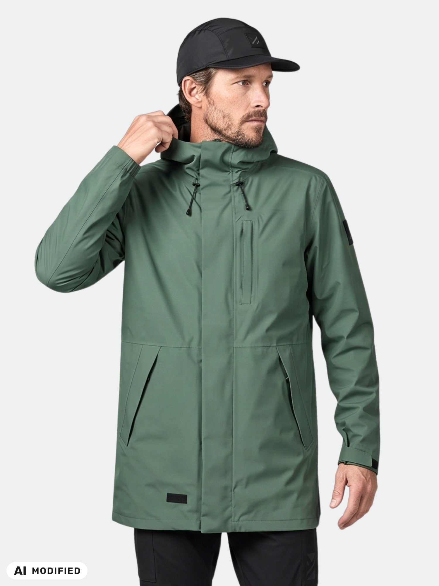 A man in a Halti Kurvi DX 3L Parka Jacket and black cap adjusts his hood, standing to the side.